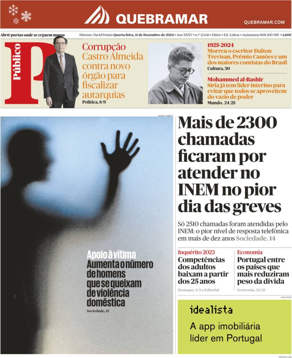 P&uacute;blico: Capa da Edi&ccedil;&atilde;o de quarta-feira, 11 de dezembro 2024