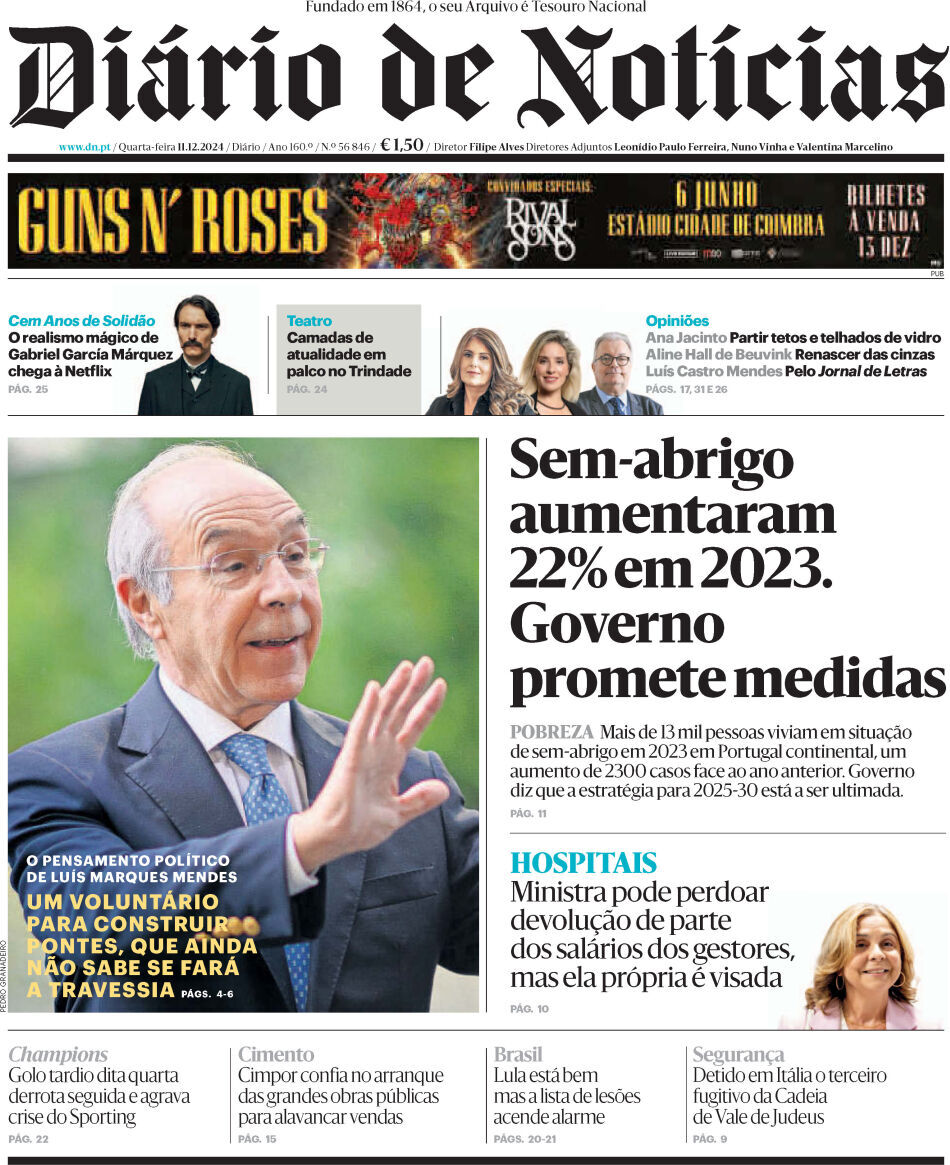 Di&aacute;rio de Not&iacute;cias: Capa da Edi&ccedil;&atilde;o de quarta-feira, 11 de dezembro 2024