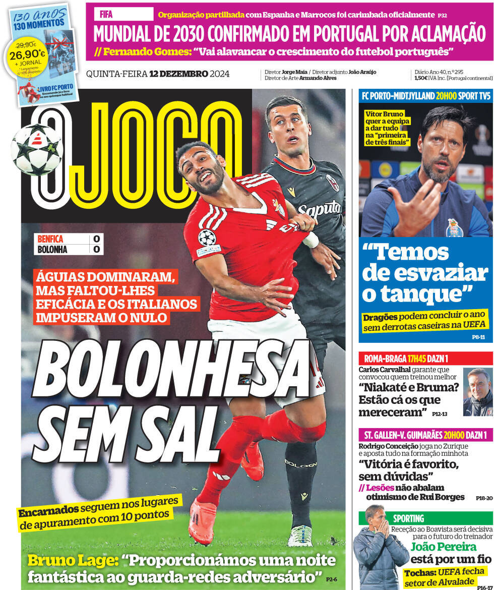 O Jogo: Capa da Edi&ccedil;&atilde;o de quinta-feira, 12 de dezembro 2024