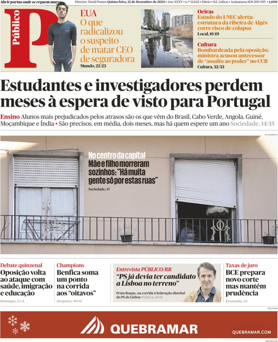 P&uacute;blico: Capa da Edi&ccedil;&atilde;o de quinta-feira, 12 de dezembro 2024