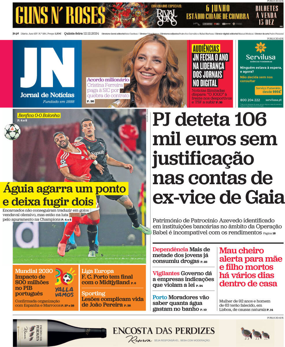 Jornal de Not&iacute;cias: Capa da Edi&ccedil;&atilde;o de quinta-feira, 12 de dezembro 2024