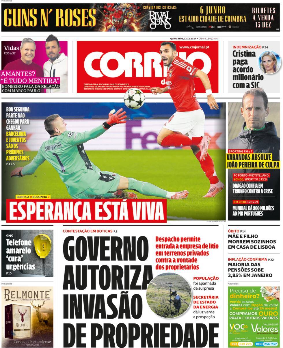 Correio da Manh&atilde;: Capa da Edi&ccedil;&atilde;o de quinta-feira, 12 de dezembro 2024