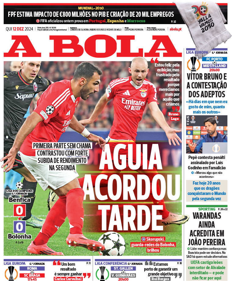 A Bola: Capa da Edi&ccedil;&atilde;o de quinta-feira, 12 de dezembro 2024