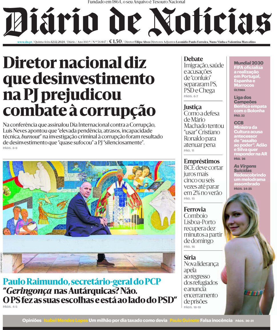 Di&aacute;rio de Not&iacute;cias: Capa da Edi&ccedil;&atilde;o de quinta-feira, 12 de dezembro 2024