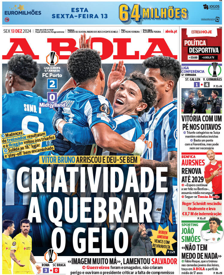 A Bola: Capa da Edi&ccedil;&atilde;o de sexta-feira, 13 de dezembro 2024