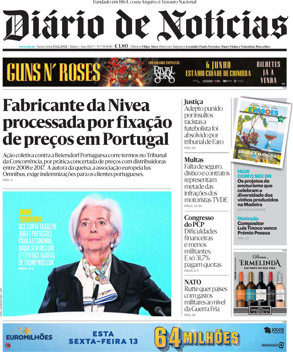 Di&aacute;rio de Not&iacute;cias: Capa da Edi&ccedil;&atilde;o de sexta-feira, 13 de dezembro 2024