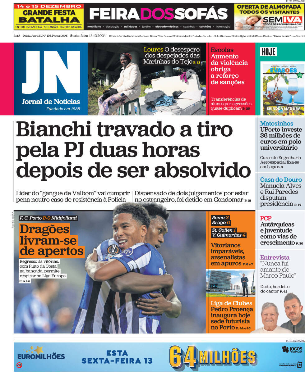 Jornal de Not&iacute;cias: Capa da Edi&ccedil;&atilde;o de sexta-feira, 13 de dezembro 2024