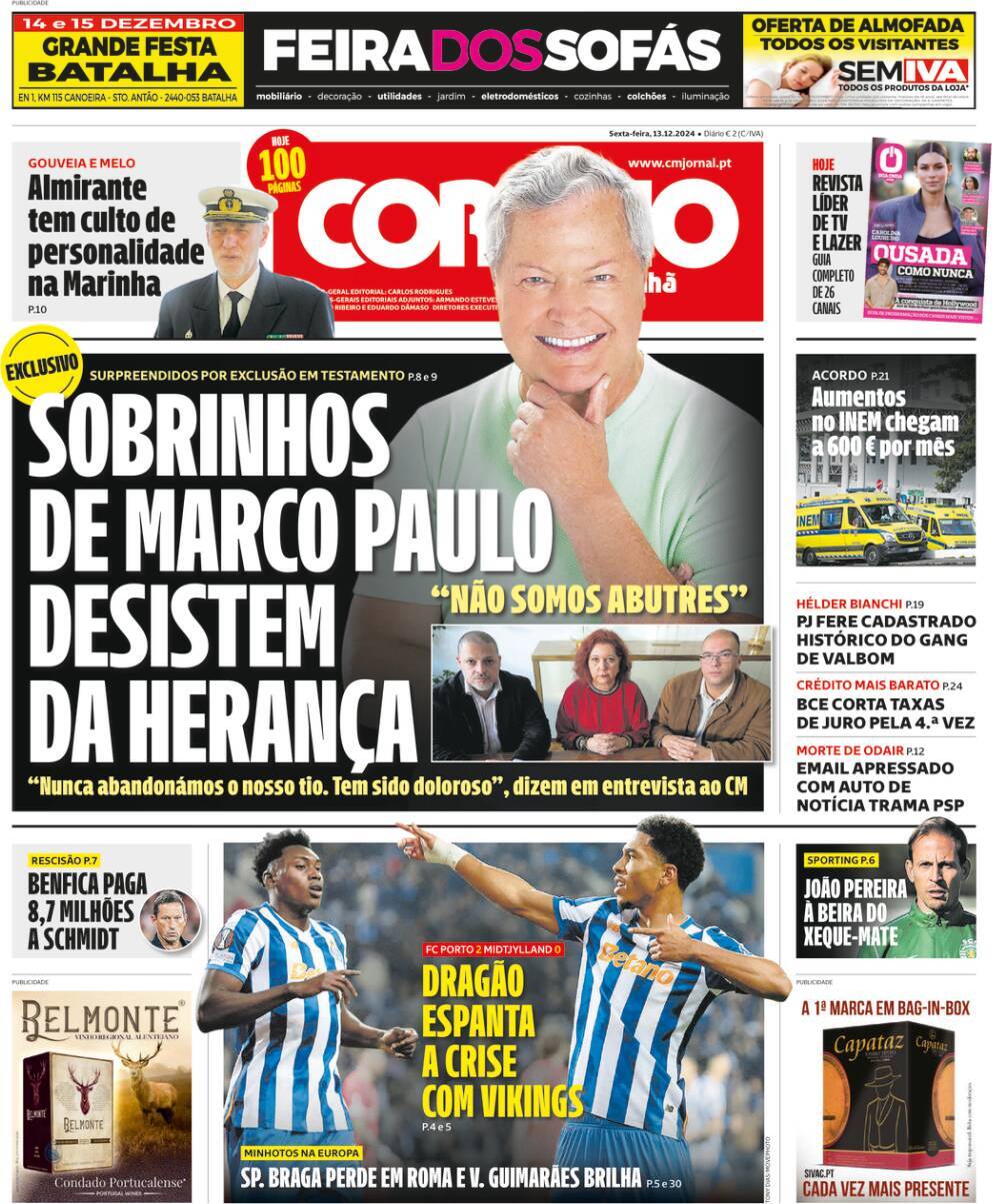 Correio da Manh&atilde;: Capa da Edi&ccedil;&atilde;o de sexta-feira, 13 de dezembro 2024