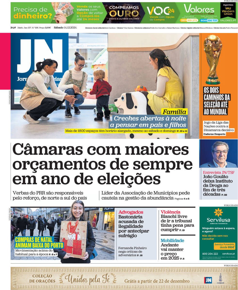 Jornal de Not&iacute;cias: Capa da Edi&ccedil;&atilde;o de s&aacute;bado, 14 de dezembro 2024