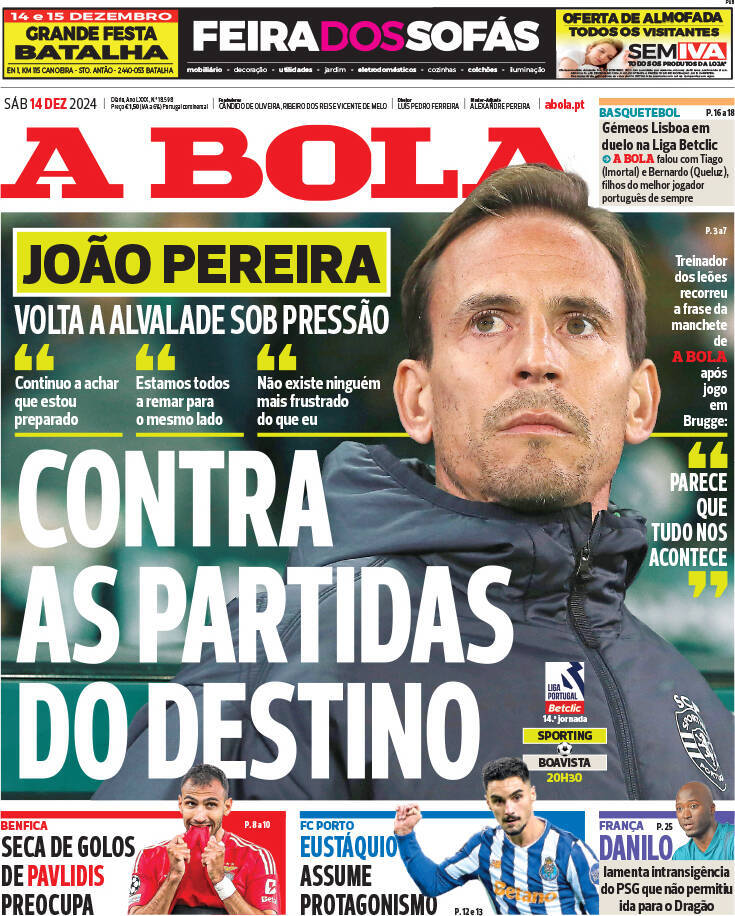 A Bola: Capa da Edi&ccedil;&atilde;o de s&aacute;bado, 14 de dezembro 2024