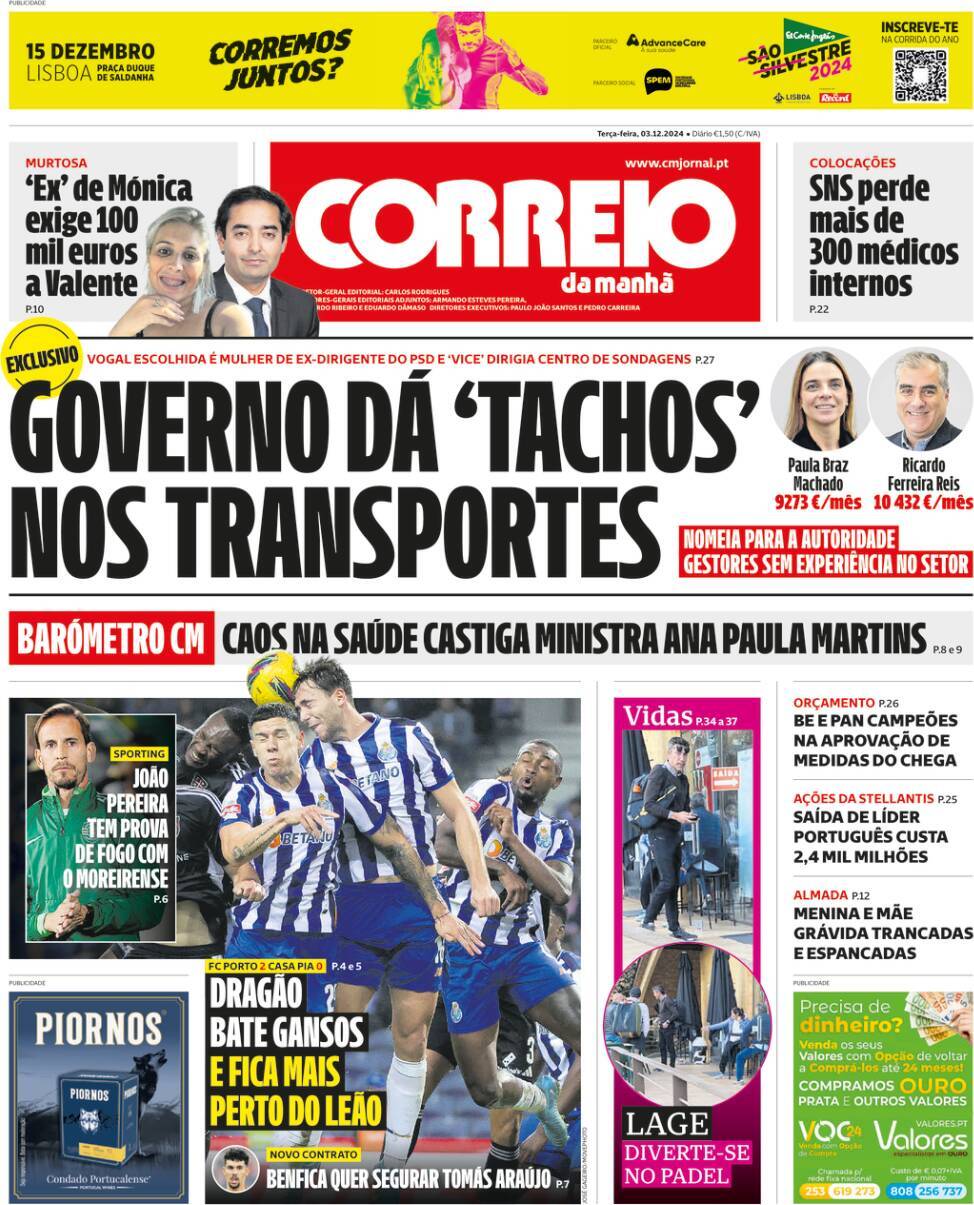 Correio da Manh&atilde;: Capa da Edi&ccedil;&atilde;o de ter&ccedil;a-feira, 03 de dezembro 2024