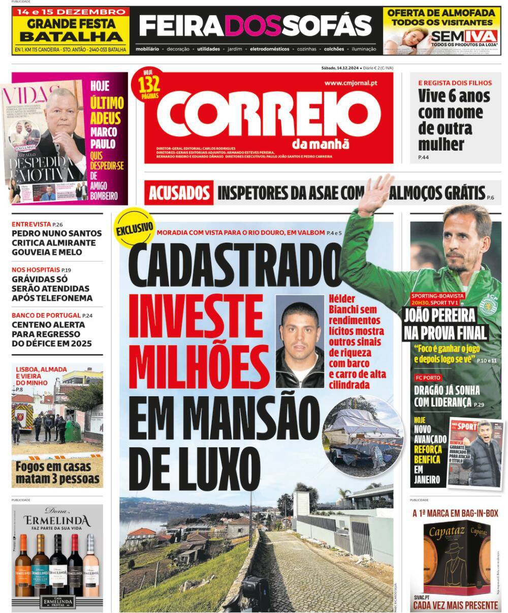 Correio da Manh&atilde;: Capa da Edi&ccedil;&atilde;o de s&aacute;bado, 14 de dezembro 2024