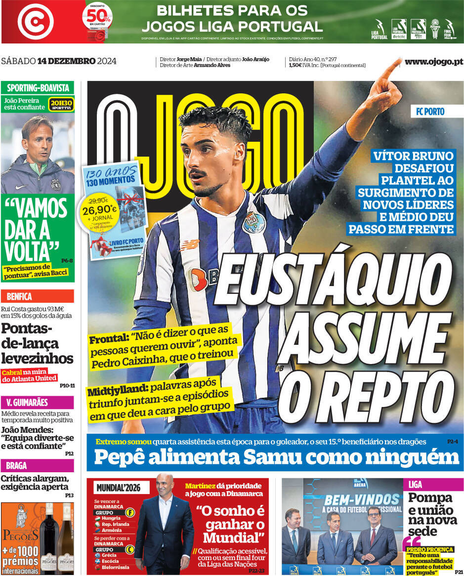 O Jogo: Capa da Edi&ccedil;&atilde;o de s&aacute;bado, 14 de dezembro 2024