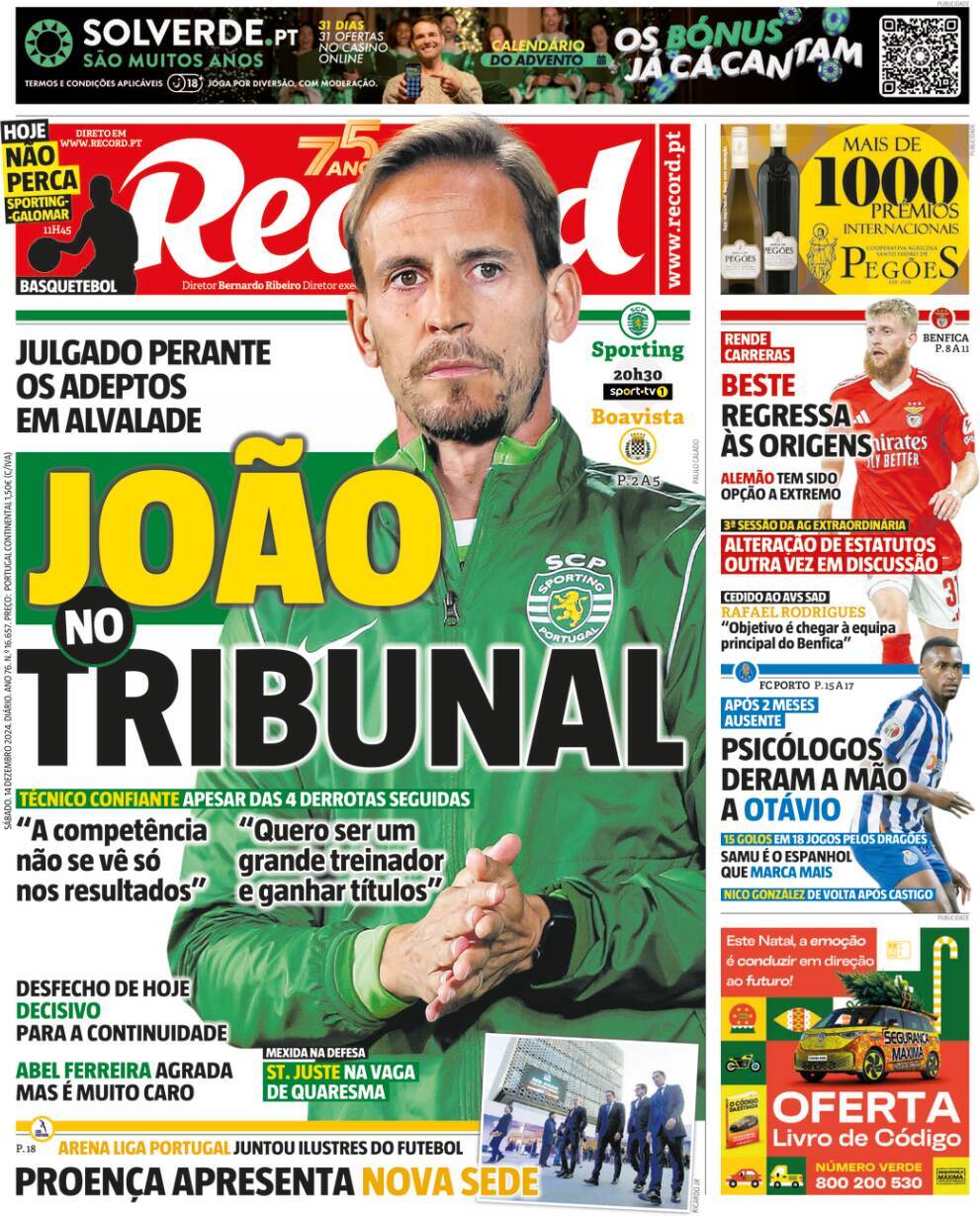 Record: Capa da Edi&ccedil;&atilde;o de s&aacute;bado, 14 de dezembro 2024