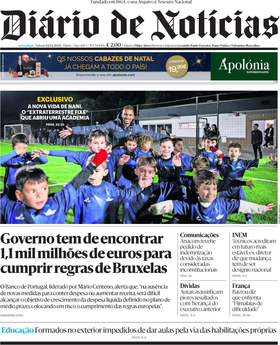 Di&aacute;rio de Not&iacute;cias: Capa da Edi&ccedil;&atilde;o de s&aacute;bado, 14 de dezembro 2024