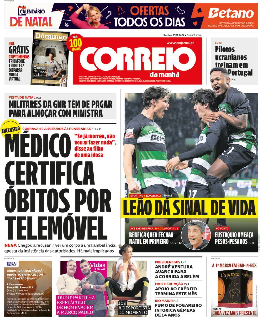 Correio da Manh&atilde;: Capa da Edi&ccedil;&atilde;o de domingo, 15 de dezembro 2024