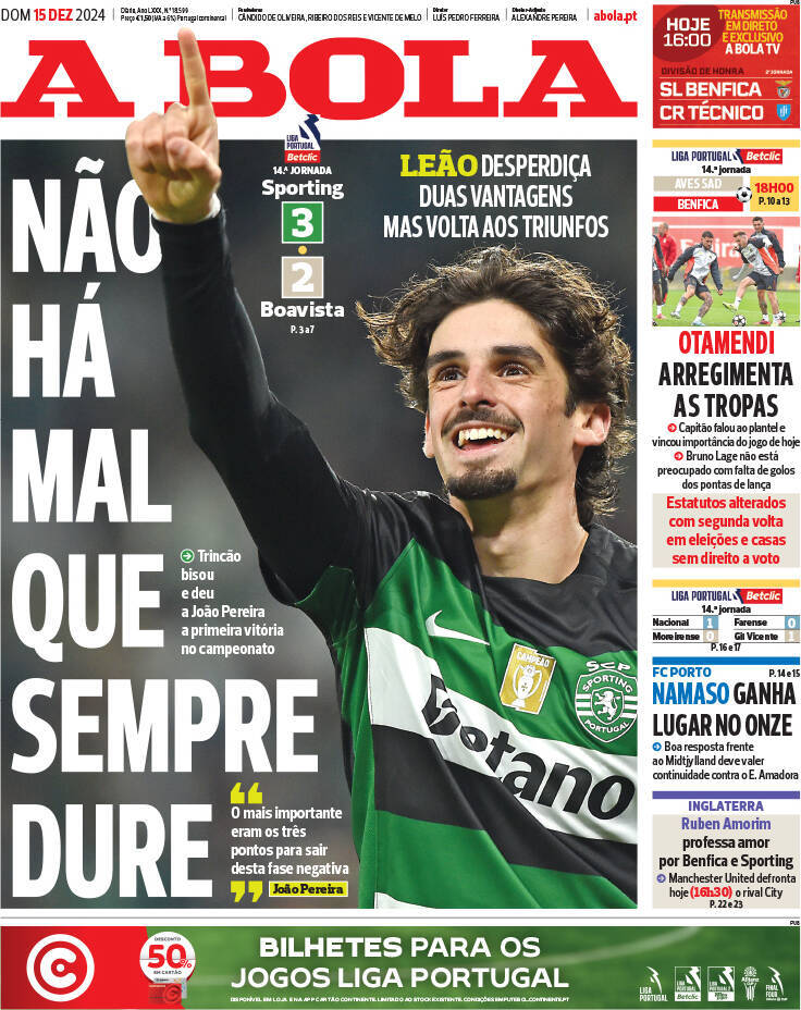A Bola: Capa da Edi&ccedil;&atilde;o de domingo, 15 de dezembro 2024