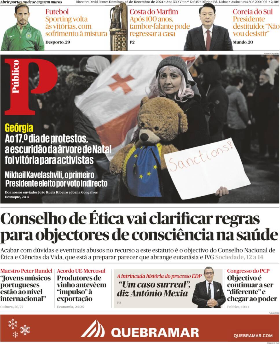 P&uacute;blico: Capa da Edi&ccedil;&atilde;o de domingo, 15 de dezembro 2024
