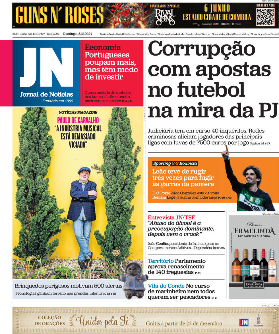 Jornal de Not&iacute;cias: Capa da Edi&ccedil;&atilde;o de domingo, 15 de dezembro 2024