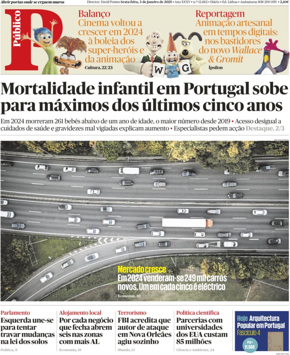 P&uacute;blico: Capa da Edi&ccedil;&atilde;o de sexta-feira, 03 de janeiro 2025
