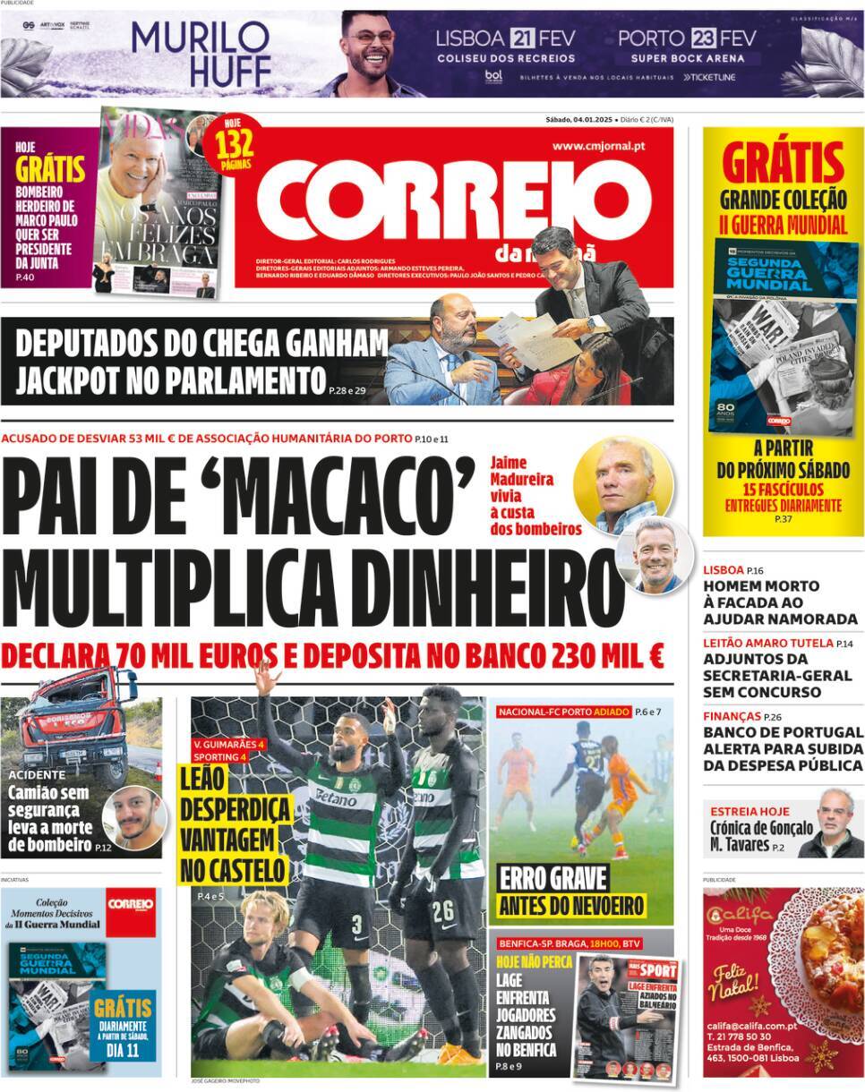 Correio da Manh&atilde;: Capa da Edi&ccedil;&atilde;o de s&aacute;bado, 04 de janeiro 2025