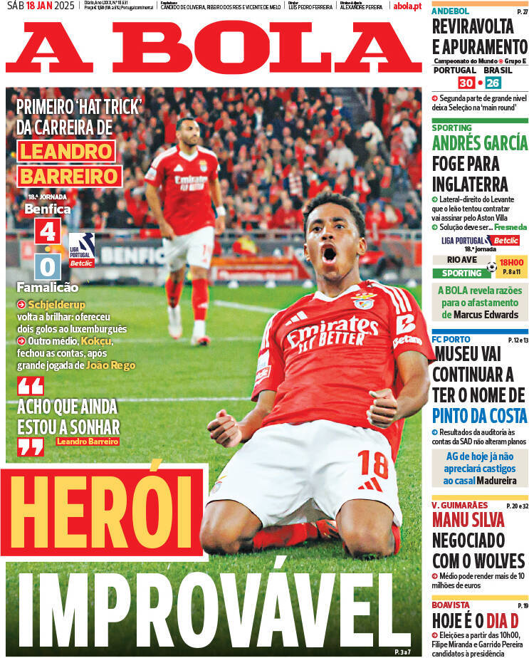 A Bola: Capa da Edi&ccedil;&atilde;o de s&aacute;bado, 18 de janeiro 2025