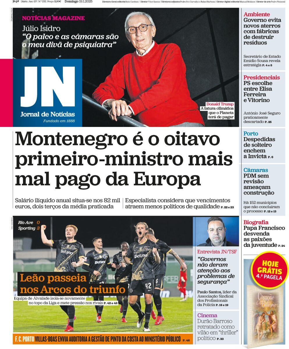 Jornal de Not&iacute;cias: Capa da Edi&ccedil;&atilde;o de domingo, 19 de janeiro 2025