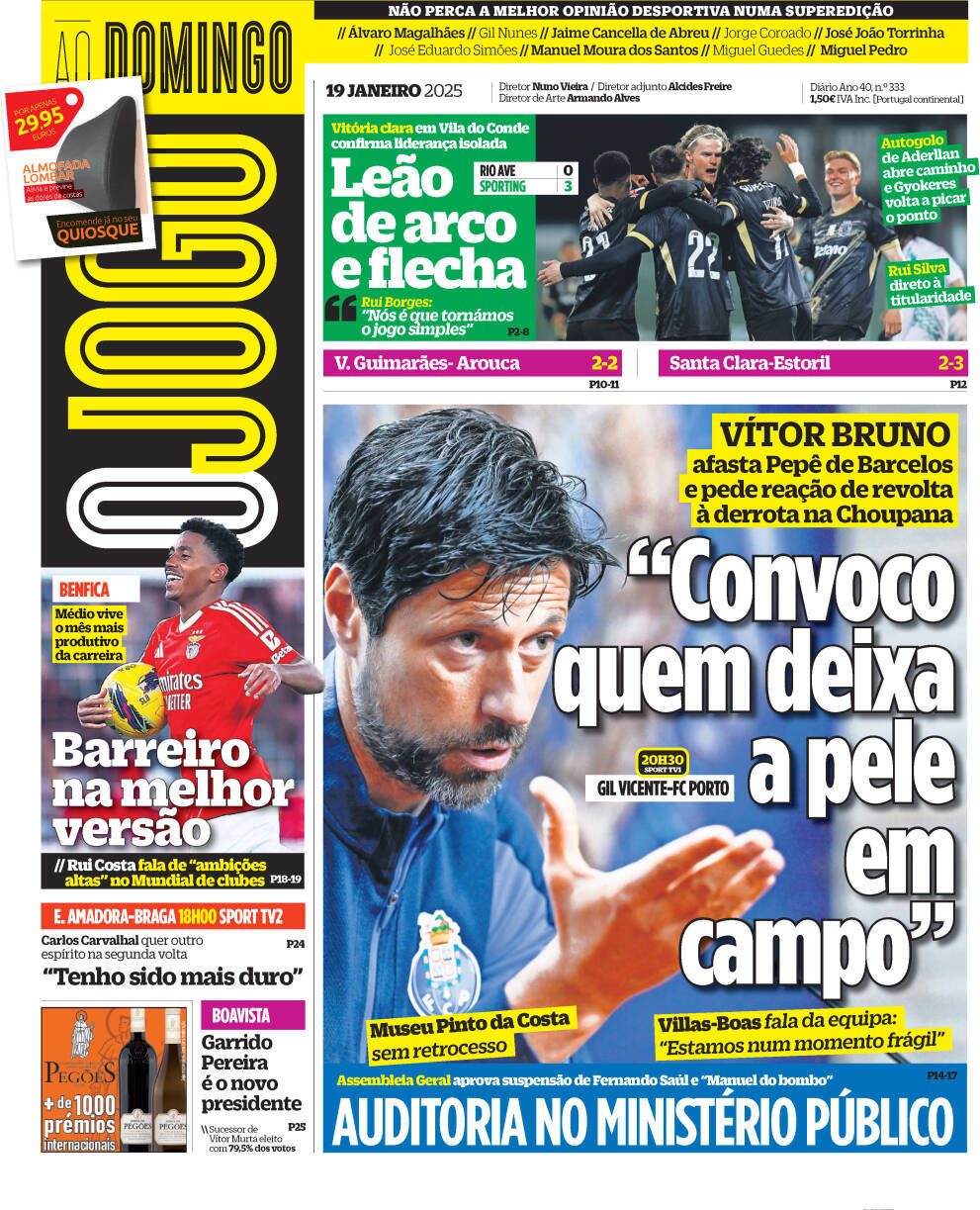 O Jogo: Capa da Edi&ccedil;&atilde;o de domingo, 19 de janeiro 2025