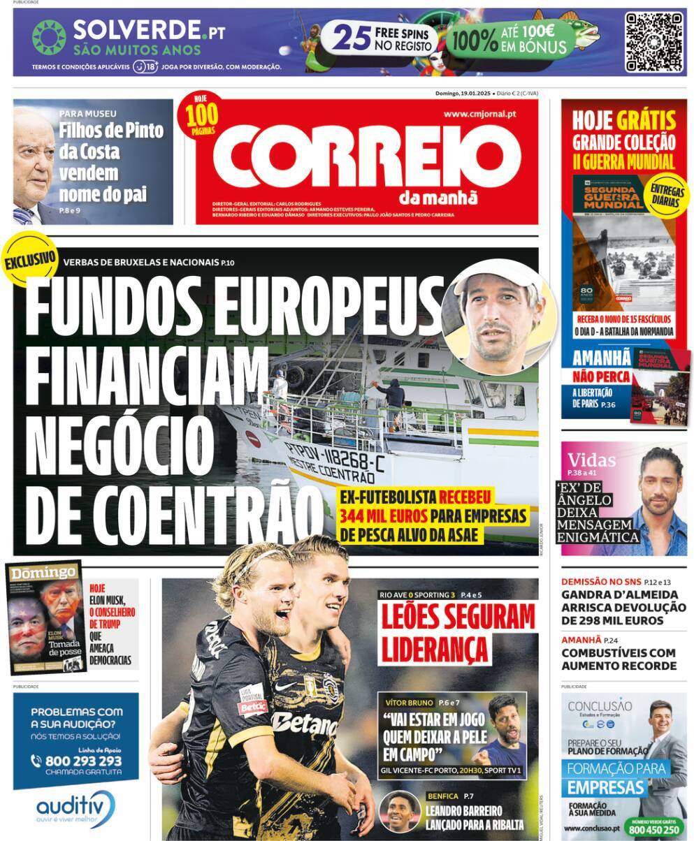 Correio da Manh&atilde;: Capa da Edi&ccedil;&atilde;o de domingo, 19 de janeiro 2025
