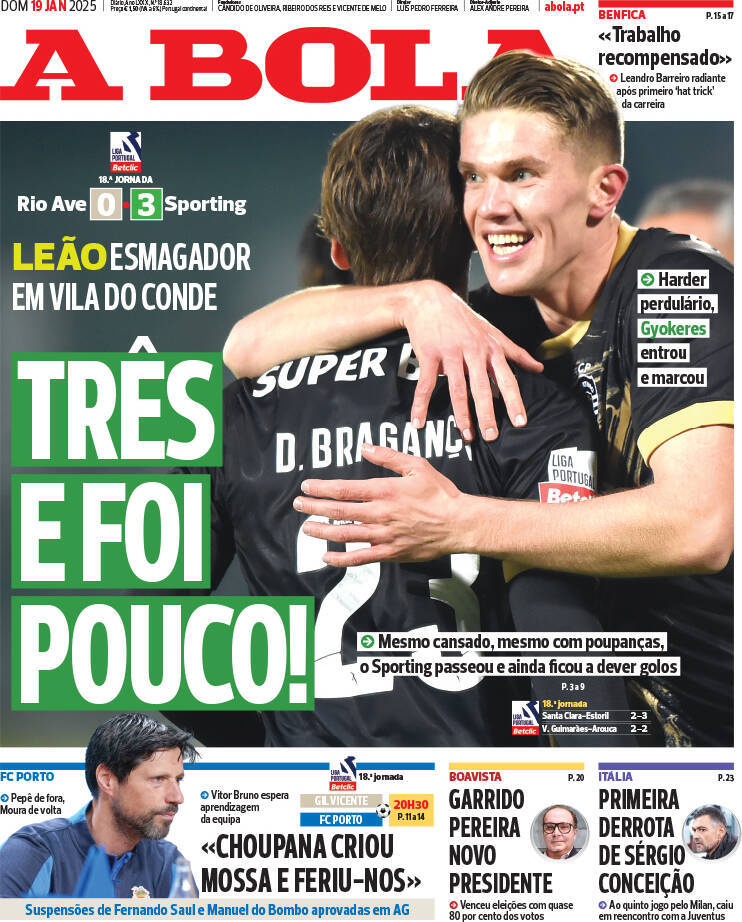 A Bola: Capa da Edi&ccedil;&atilde;o de domingo, 19 de janeiro 2025