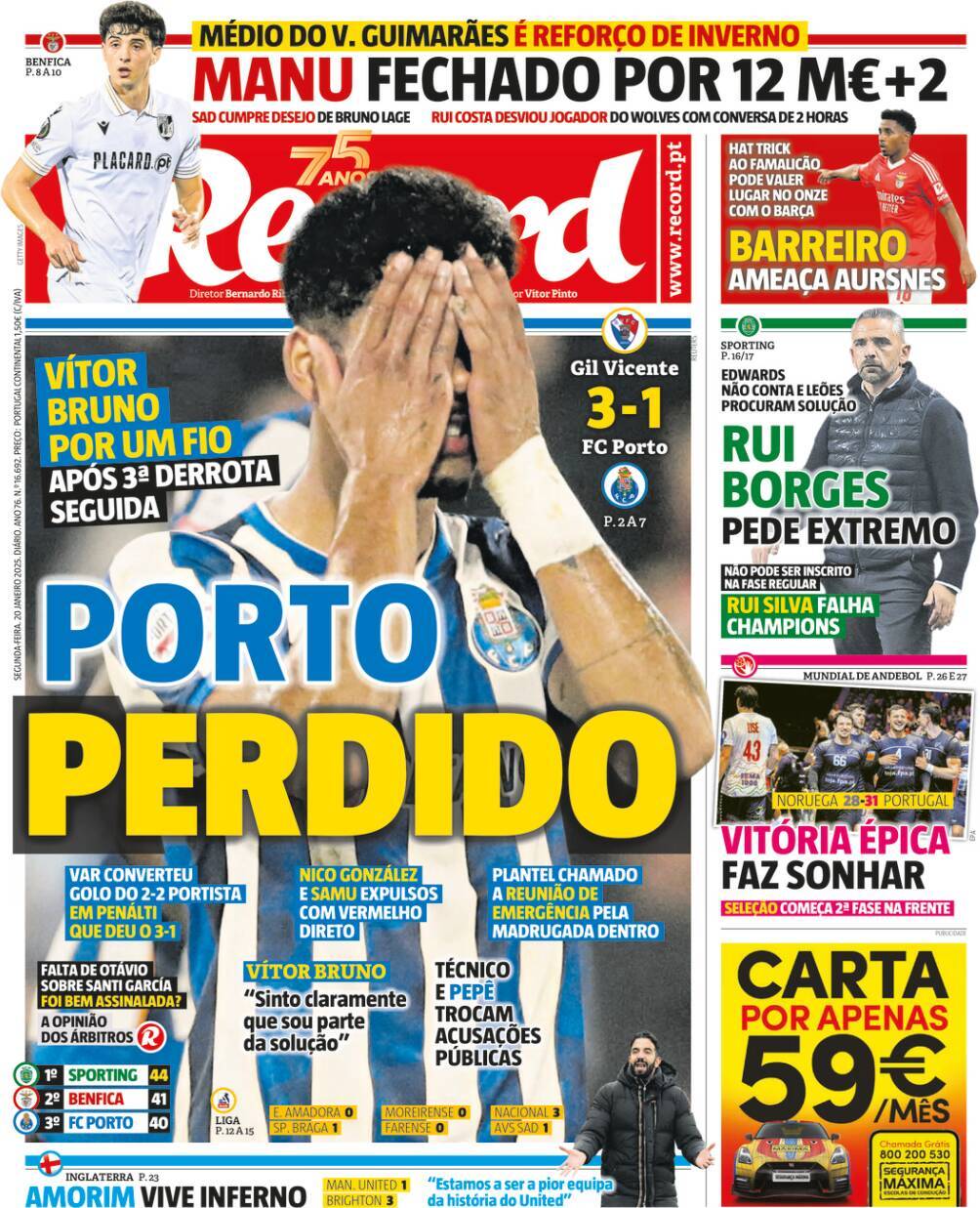 Record: Capa da Edi&ccedil;&atilde;o de segunda-feira, 20 de janeiro 2025
