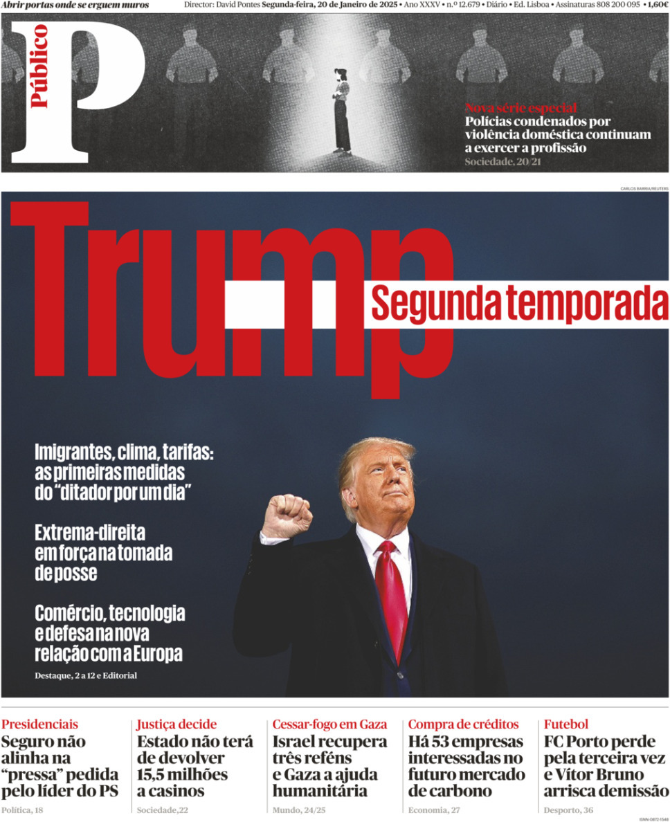 P&uacute;blico: Capa da Edi&ccedil;&atilde;o de segunda-feira, 20 de janeiro 2025
