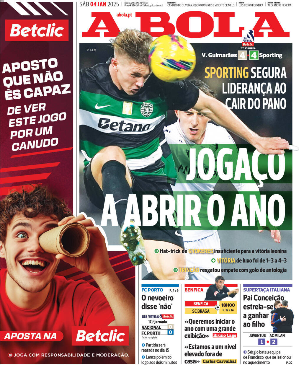 A Bola: Capa da Edi&ccedil;&atilde;o de s&aacute;bado, 04 de janeiro 2025