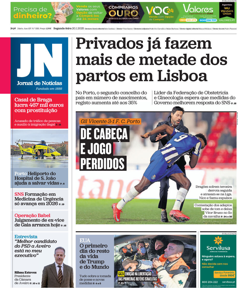 Jornal de Not&iacute;cias: Capa da Edi&ccedil;&atilde;o de segunda-feira, 20 de janeiro 2025