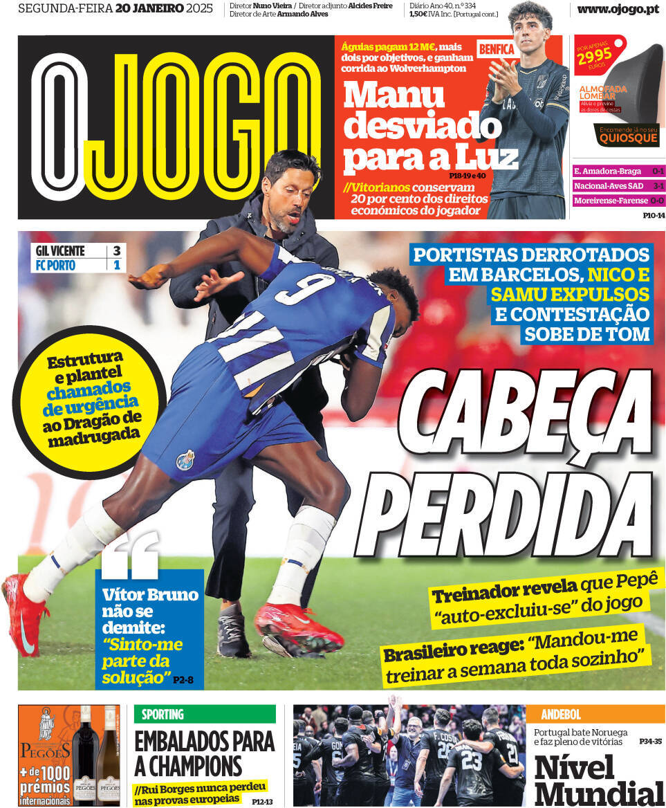 O Jogo: Capa da Edi&ccedil;&atilde;o de segunda-feira, 20 de janeiro 2025