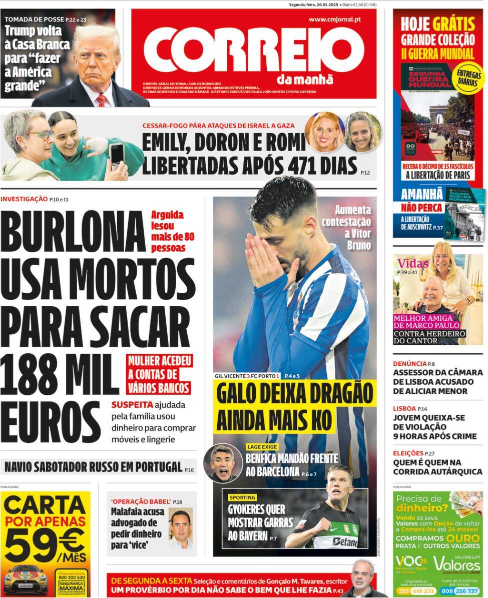 Correio da Manh&atilde;: Capa da Edi&ccedil;&atilde;o de segunda-feira, 20 de janeiro 2025