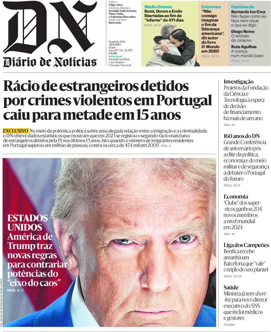 Di&aacute;rio de Not&iacute;cias: Capa da Edi&ccedil;&atilde;o de segunda-feira, 20 de janeiro 2025