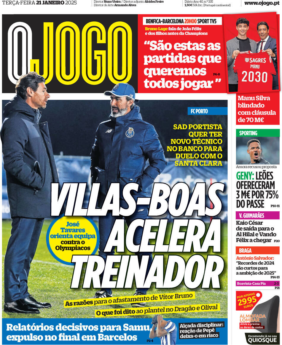 O Jogo: Capa da Edi&ccedil;&atilde;o de ter&ccedil;a-feira, 21 de janeiro 2025