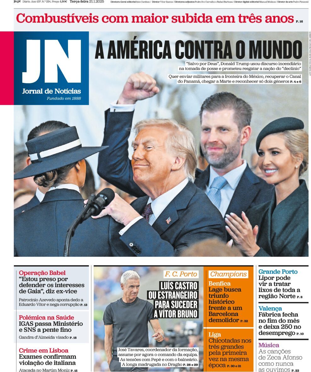 Jornal de Not&iacute;cias: Capa da Edi&ccedil;&atilde;o de ter&ccedil;a-feira, 21 de janeiro 2025