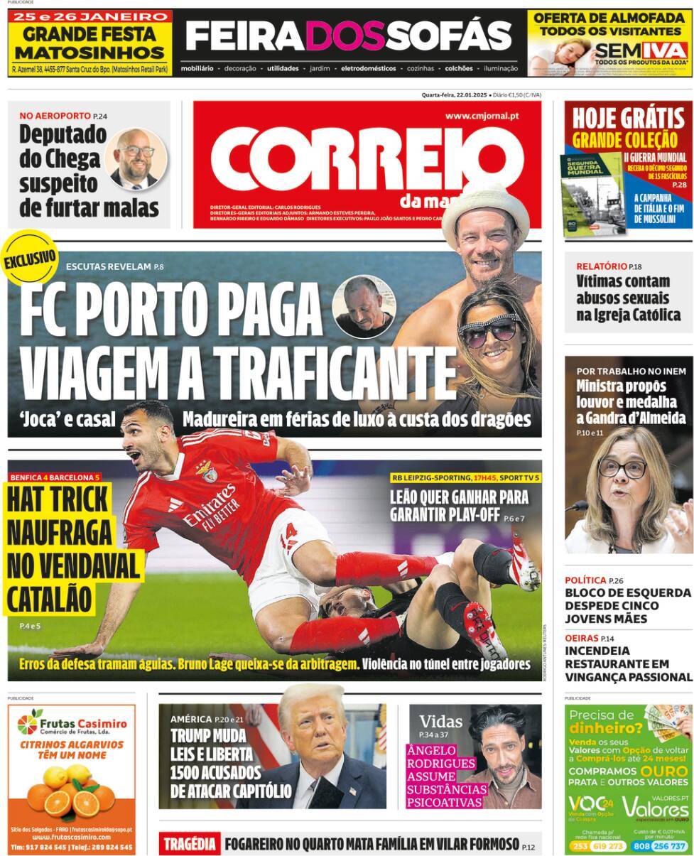 Correio da Manh&atilde;: Capa da Edi&ccedil;&atilde;o de quarta-feira, 22 de janeiro 2025