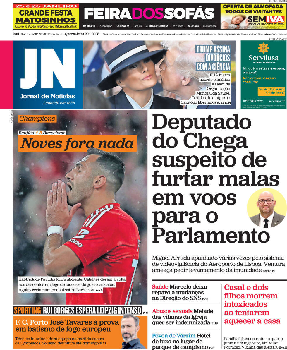 Jornal de Not&iacute;cias: Capa da Edi&ccedil;&atilde;o de quarta-feira, 22 de janeiro 2025