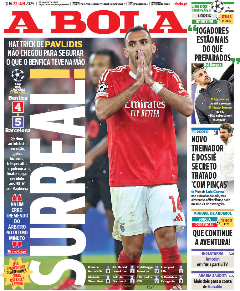 A Bola: Capa da Edi&ccedil;&atilde;o de quarta-feira, 22 de janeiro 2025