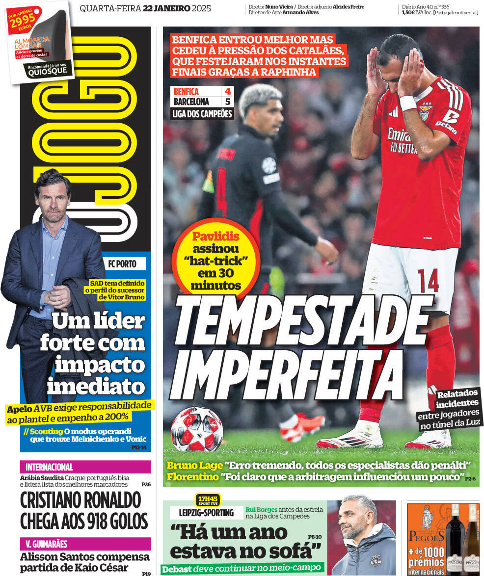 O Jogo: Capa da Edi&ccedil;&atilde;o de quarta-feira, 22 de janeiro 2025