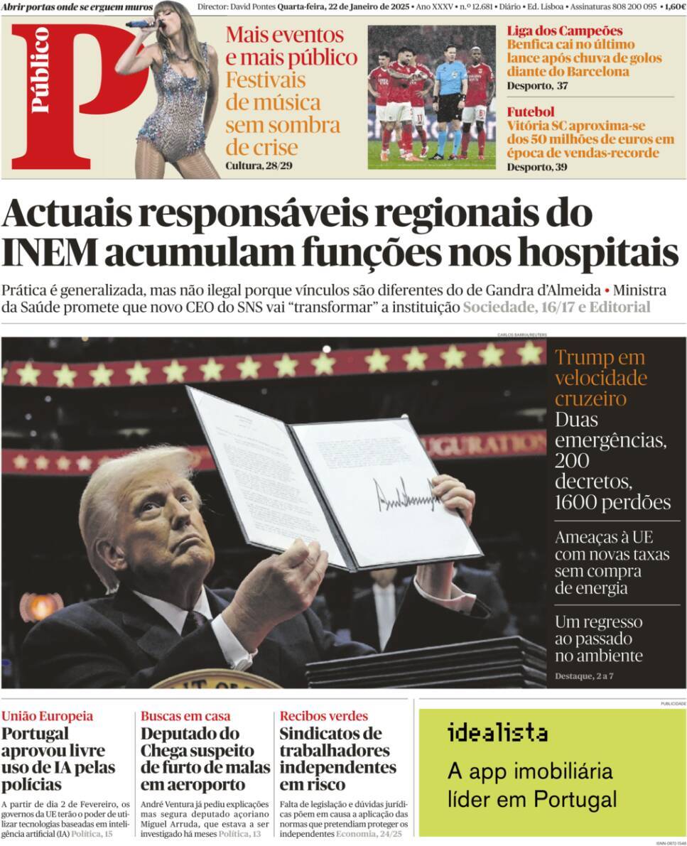 P&uacute;blico: Capa da Edi&ccedil;&atilde;o de quarta-feira, 22 de janeiro 2025