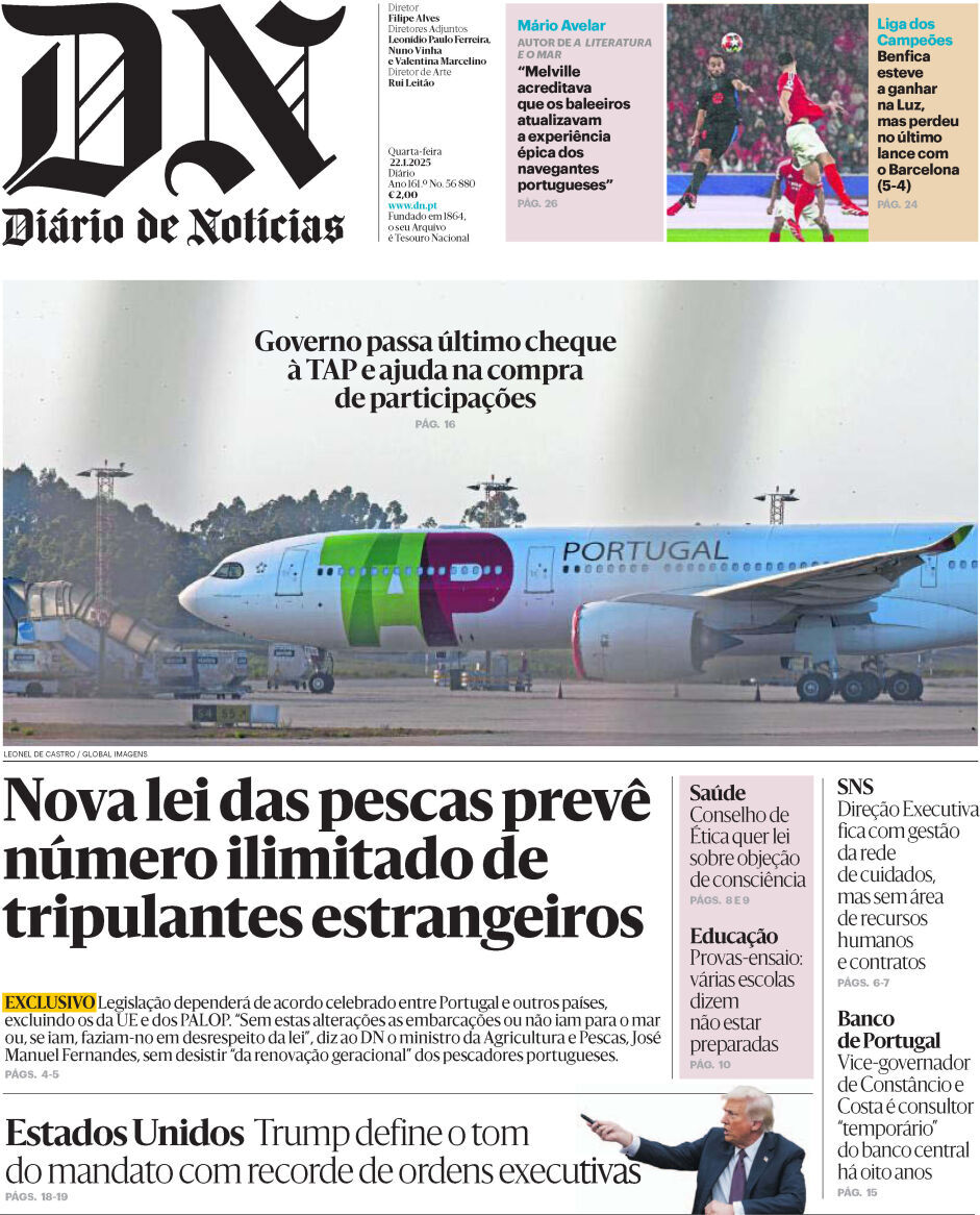Di&aacute;rio de Not&iacute;cias: Capa da Edi&ccedil;&atilde;o de quarta-feira, 22 de janeiro 2025