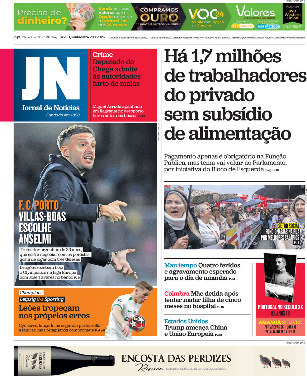 Jornal de Not&iacute;cias: Capa da Edi&ccedil;&atilde;o de quinta-feira, 23 de janeiro 2025