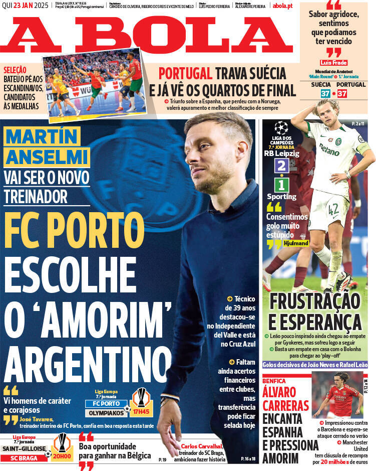 A Bola: Capa da Edi&ccedil;&atilde;o de quinta-feira, 23 de janeiro 2025