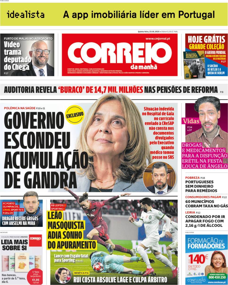 Correio da Manh&atilde;: Capa da Edi&ccedil;&atilde;o de quinta-feira, 23 de janeiro 2025