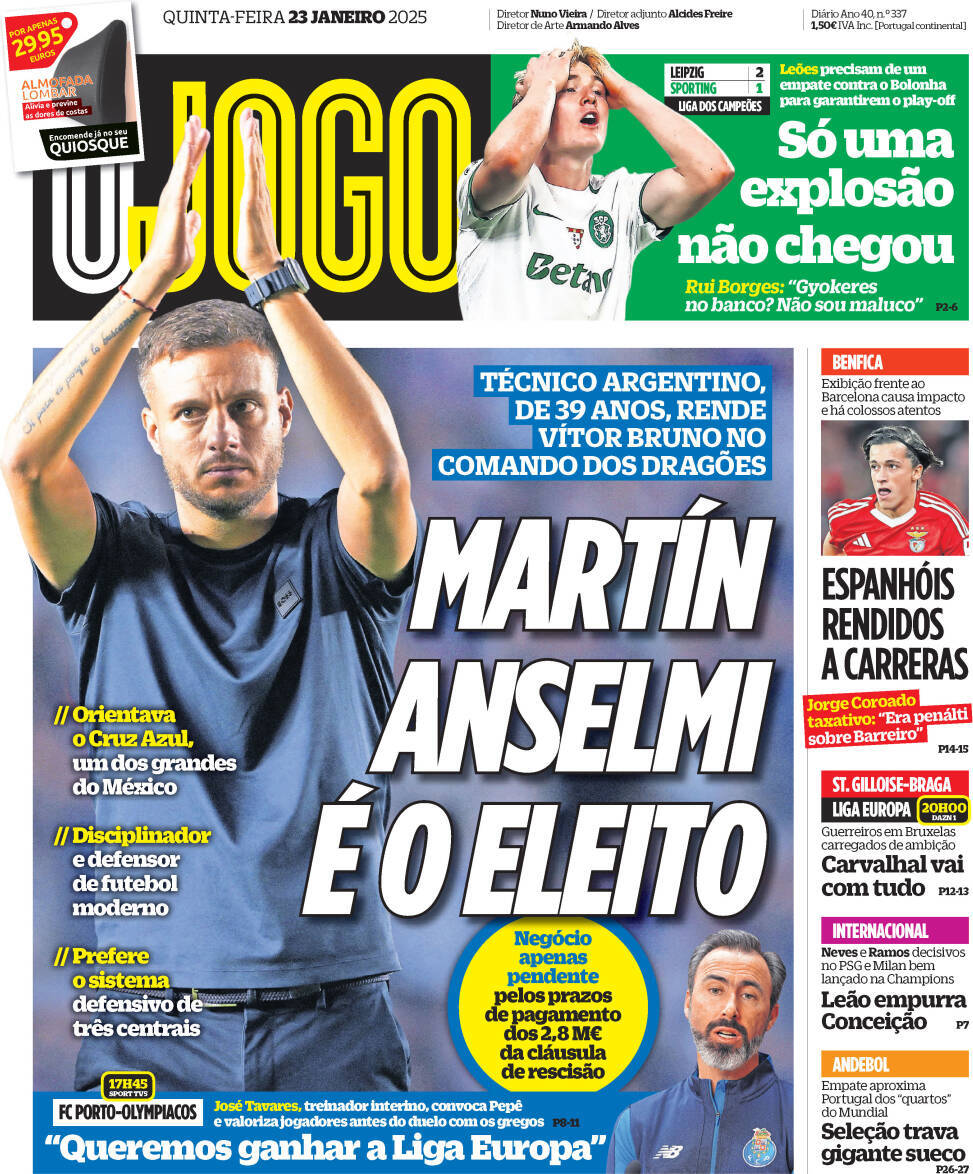 O Jogo: Capa da Edi&ccedil;&atilde;o de quinta-feira, 23 de janeiro 2025