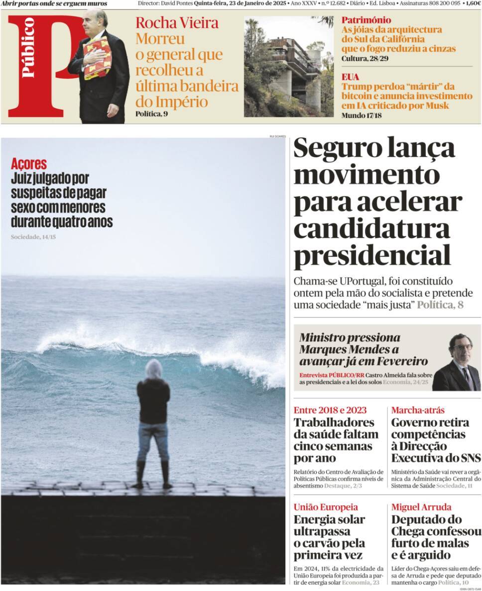P&uacute;blico: Capa da Edi&ccedil;&atilde;o de quinta-feira, 23 de janeiro 2025